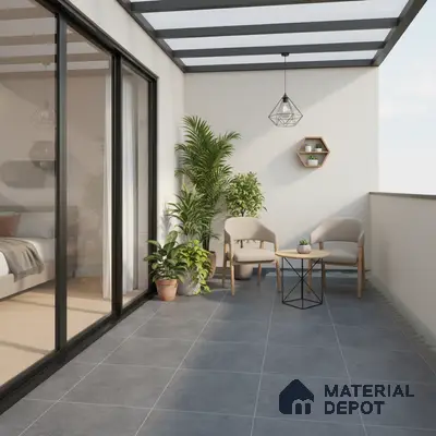 Modern balcony with grey stone floor tiles and minimalist outdoor seating