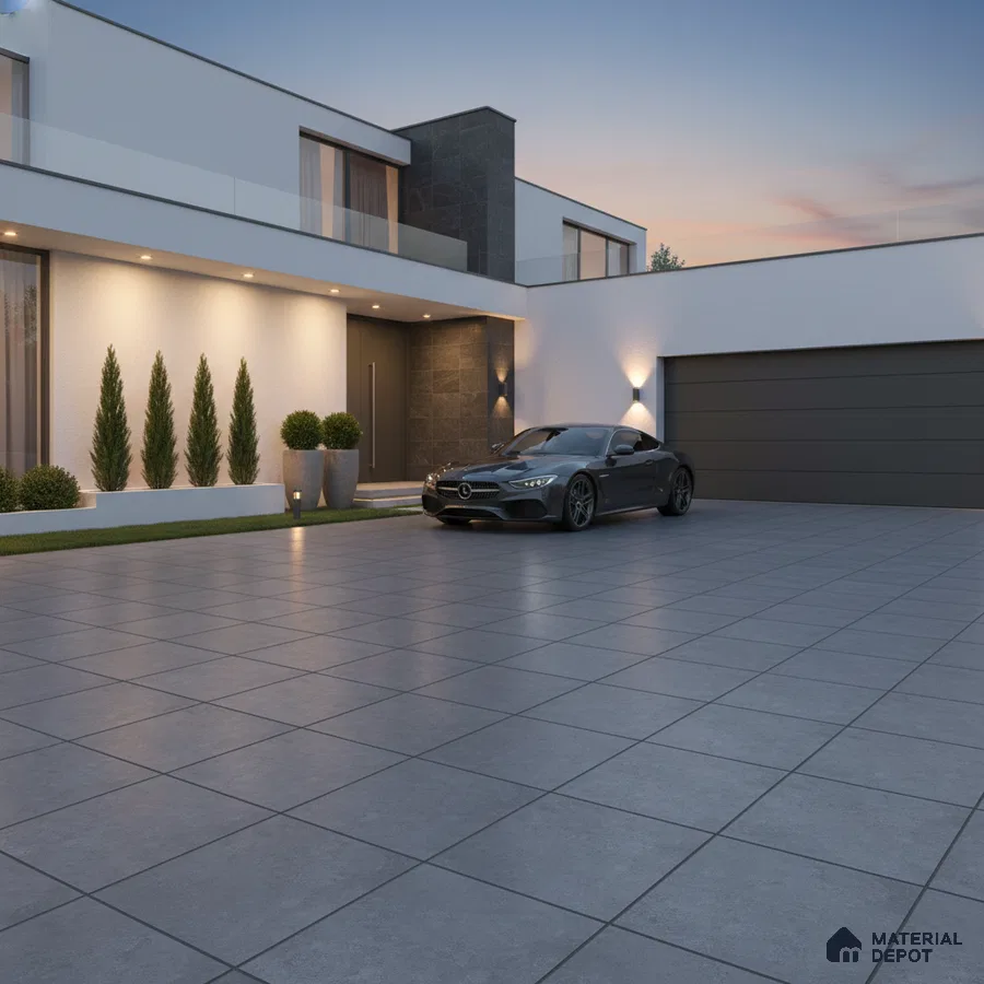 Modern parking with large format grey matte floor tiles and white exterior wall cladding
