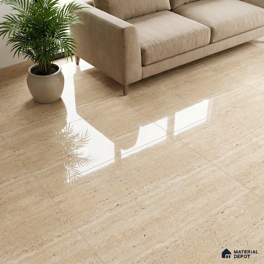 Modern living room with beige travertine-look polished floor tiles