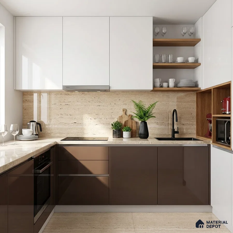 Modern kitchen with glossy brown and white laminate, travertine backsplash and countertop