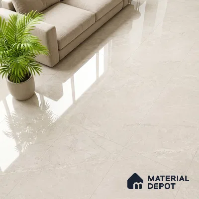Minimalist living room with beige marble-look glossy floor tiles and neutral fabric sofa