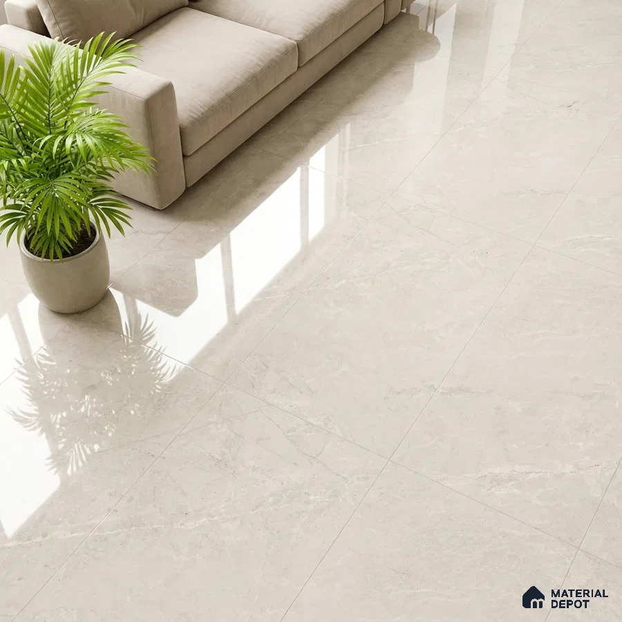 Minimalist living room with beige marble-look glossy floor tiles and neutral fabric sofa