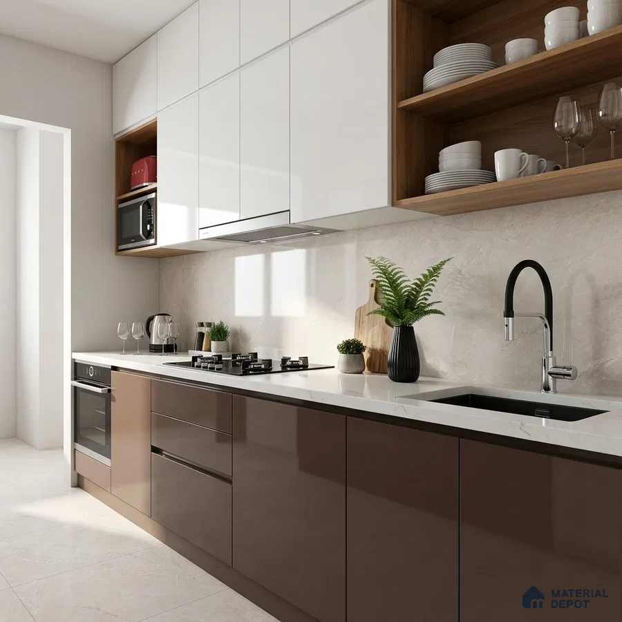 Modern dual tone kitchen with glossy brown and frosty white laminate, white quartz countertop, and beige marble backsplash