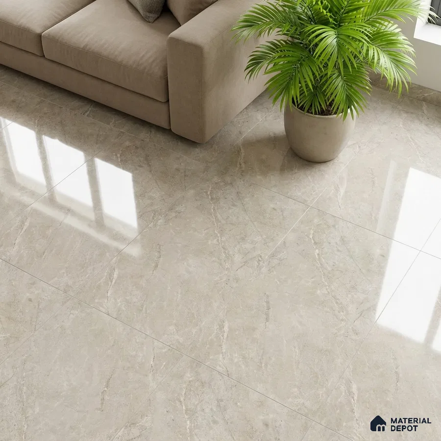 Modern living room with beige marble-look glossy floor tiles and neutral sofa