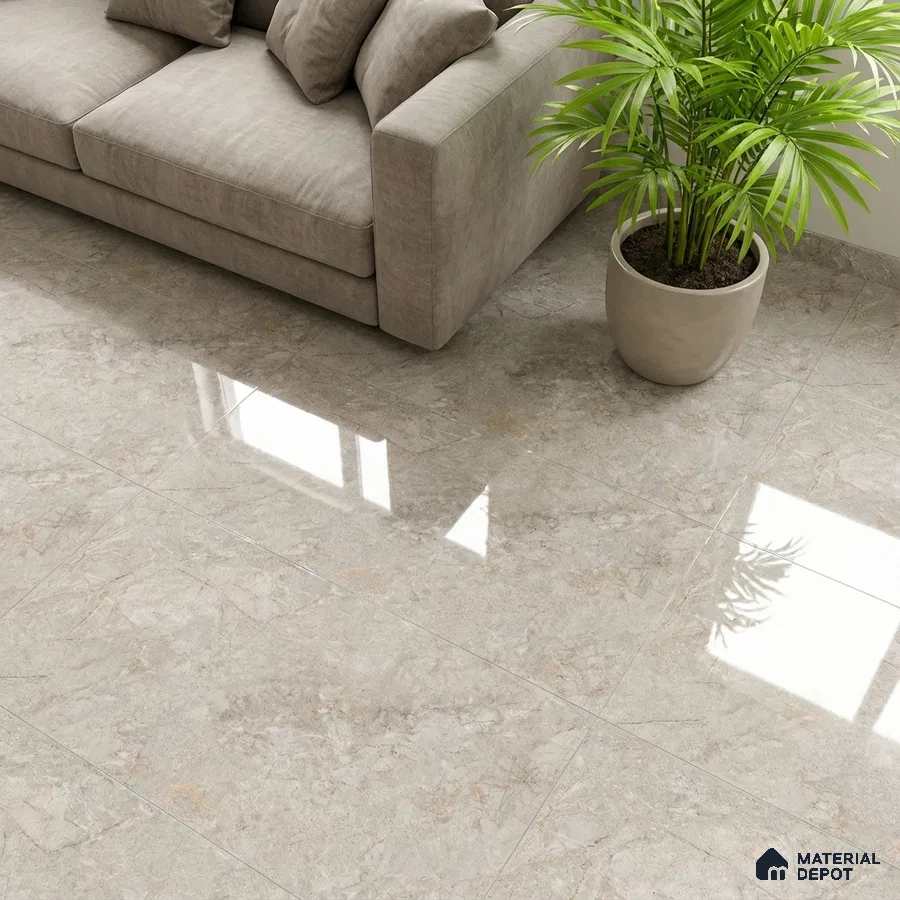 Modern living room with beige marble-look glossy floor tiles and taupe fabric sofa