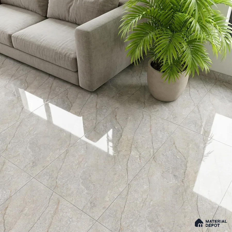 Modern living room with glossy grey marble-look floor tiles and beige fabric sofa