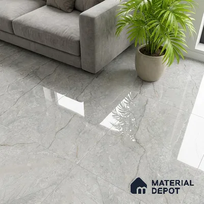 Modern living room with grey marble-look polished floor tiles and grey fabric sofa