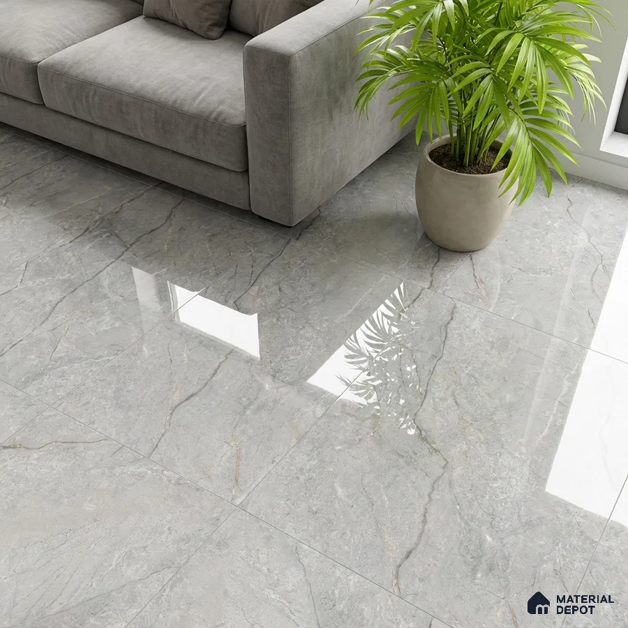 Modern living room with grey marble-look polished floor tiles and grey fabric sofa