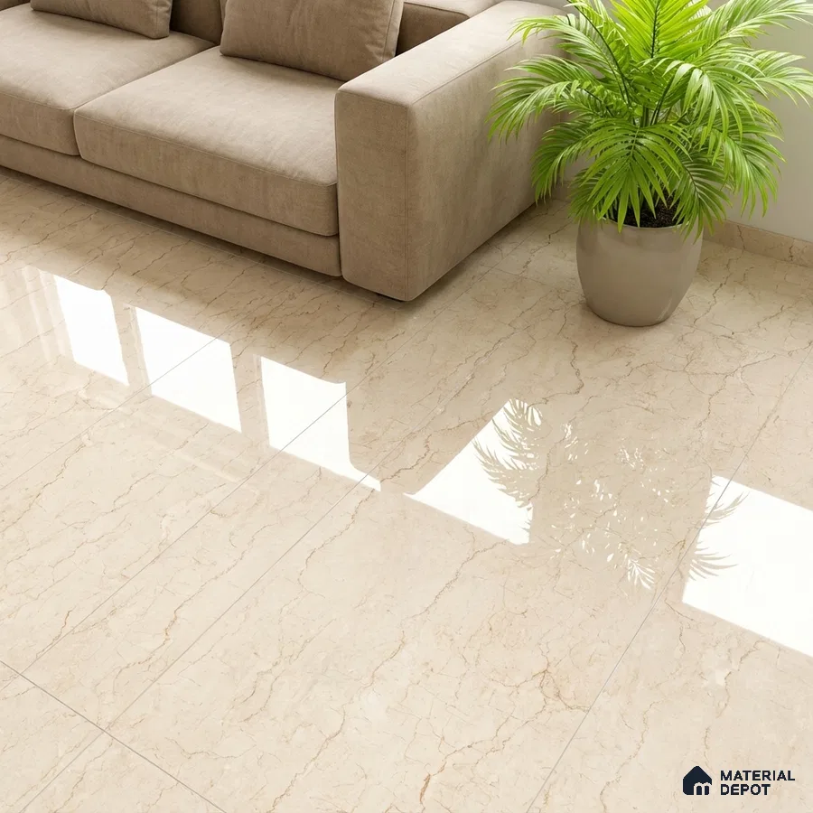 Modern living room with beige marble-look glossy floor tiles and neutral fabric sofa
