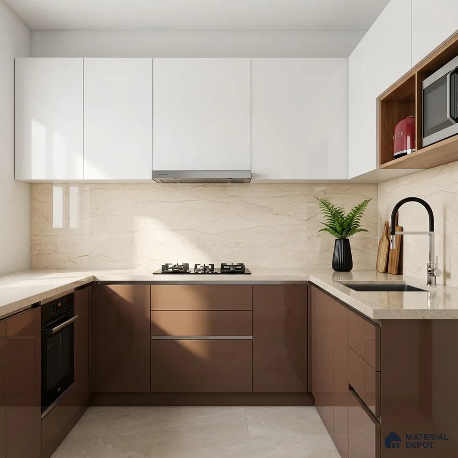 Modern dual tone kitchen with glossy white and cappuccino brown laminate, beige marble backsplash and countertop