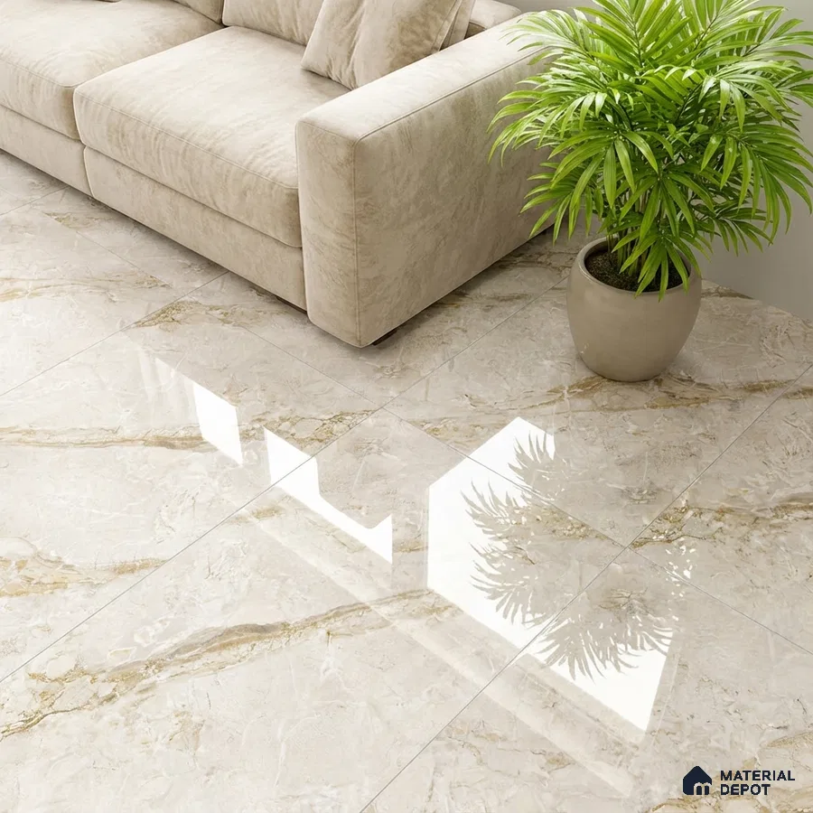 Modern living room with beige marble-look glossy floor tiles and suede upholstered sofa