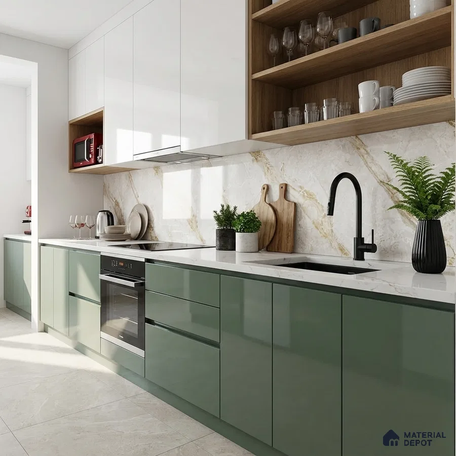 Modern kitchen with sage green laminate, white marble backsplash, and white quartz countertop