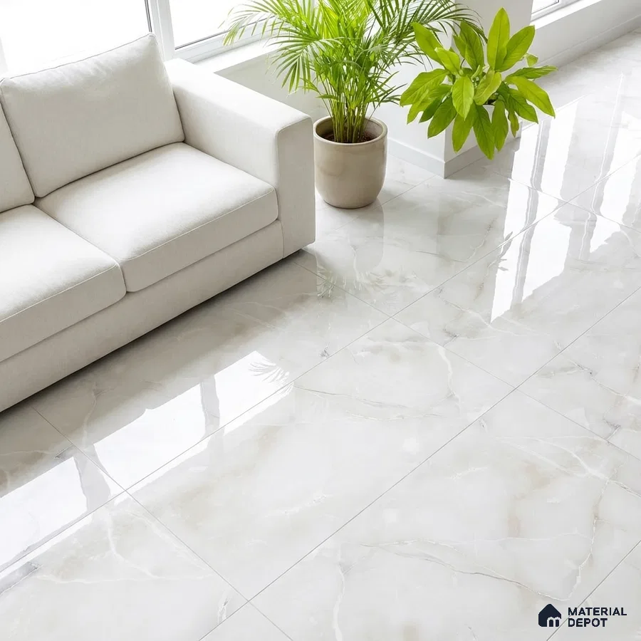 Minimalist living room with glossy white marble-look floor tiles and cream fabric sofa