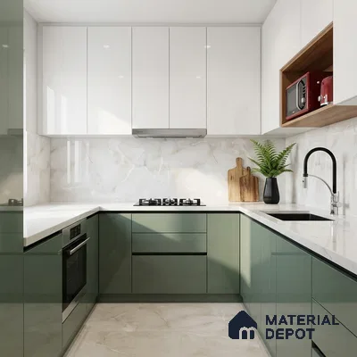 Modern dual tone kitchen with sage green and frosty white high gloss laminate, white marble backsplash and countertop