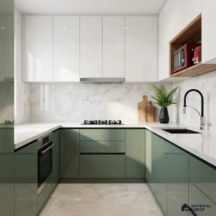 Modern dual tone kitchen with sage green and frosty white high gloss laminate, white marble backsplash and countertop