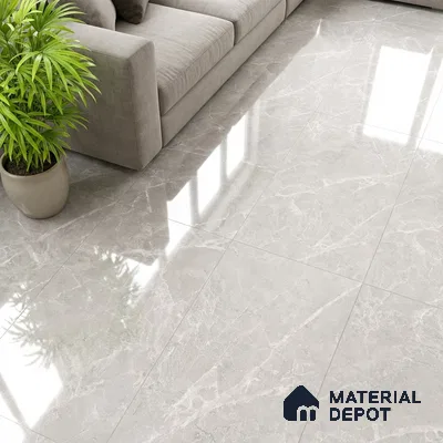 Modern living room with light grey marble-look polished floor tiles