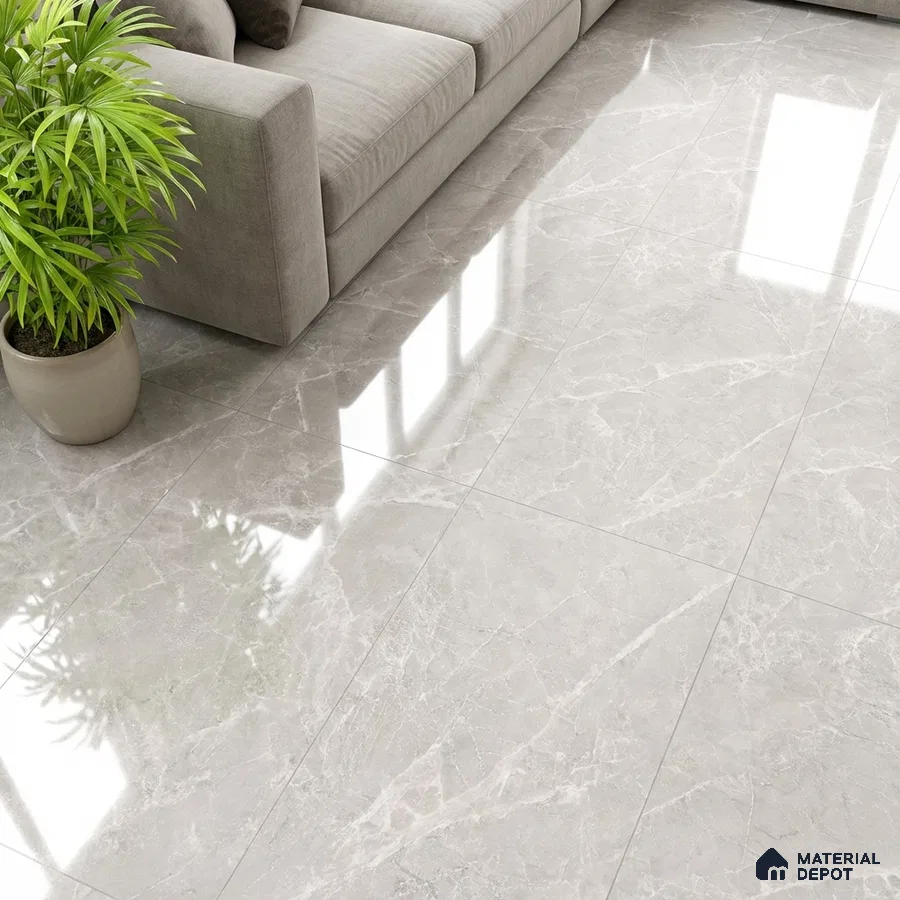 Modern living room with light grey marble-look polished floor tiles