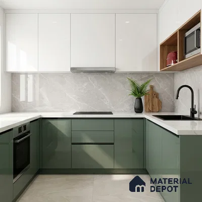 Modern dual tone kitchen with olive green and frosty white laminate, marble-look backsplash, and white quartz countertop