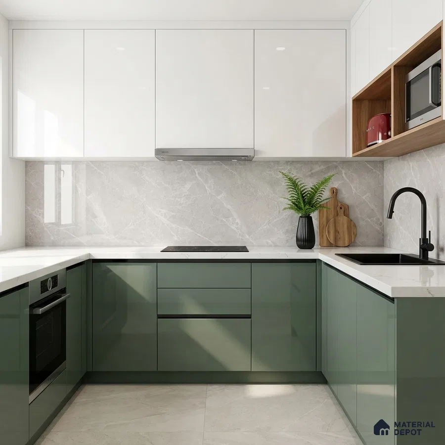 Modern dual tone kitchen with olive green and frosty white laminate, marble-look backsplash, and white quartz countertop