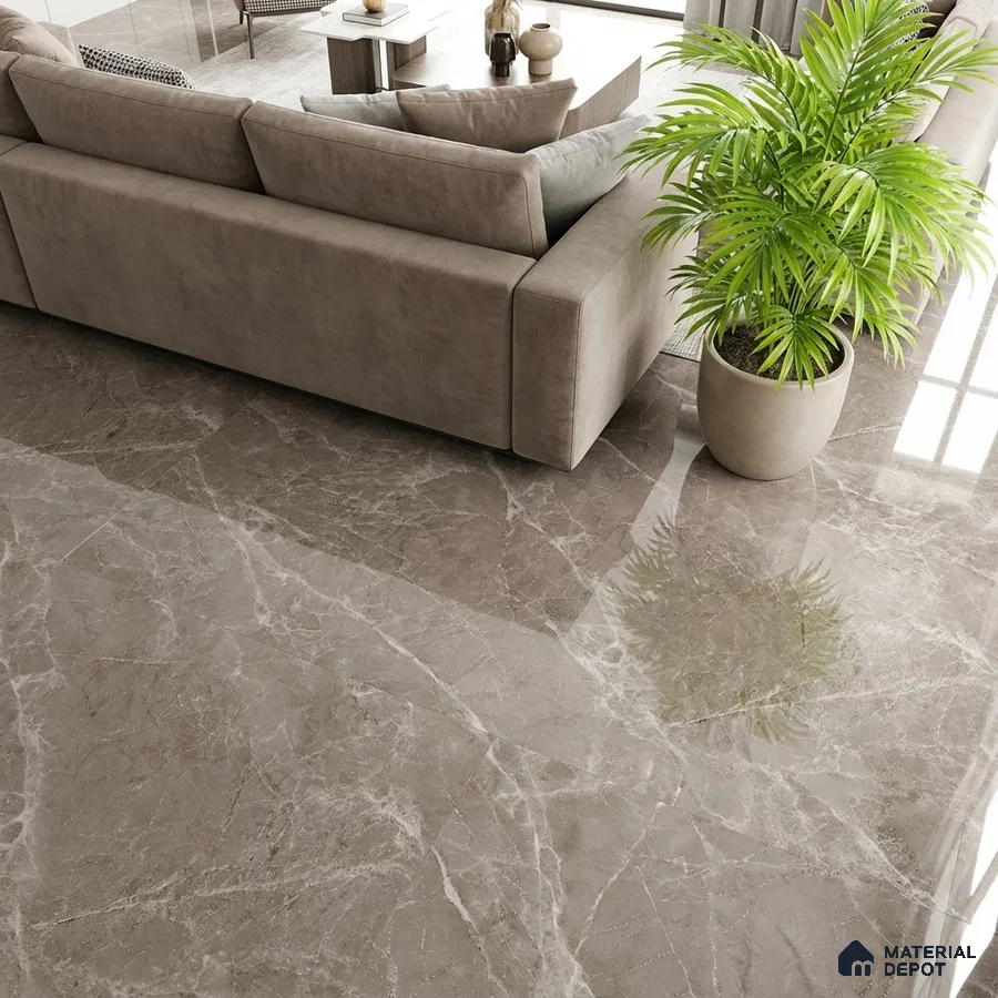 Modern living room with taupe marble-look glossy floor tiles and beige suede sofa