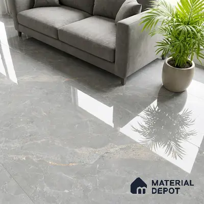 Modern living room with grey marble-look polished floor tiles and grey suede sofa