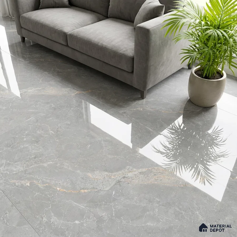 Modern living room with grey marble-look polished floor tiles and grey suede sofa