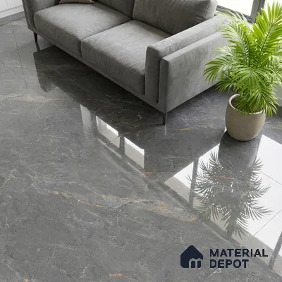 Modern living room with grey marble-look polished floor tiles and grey fabric sofa