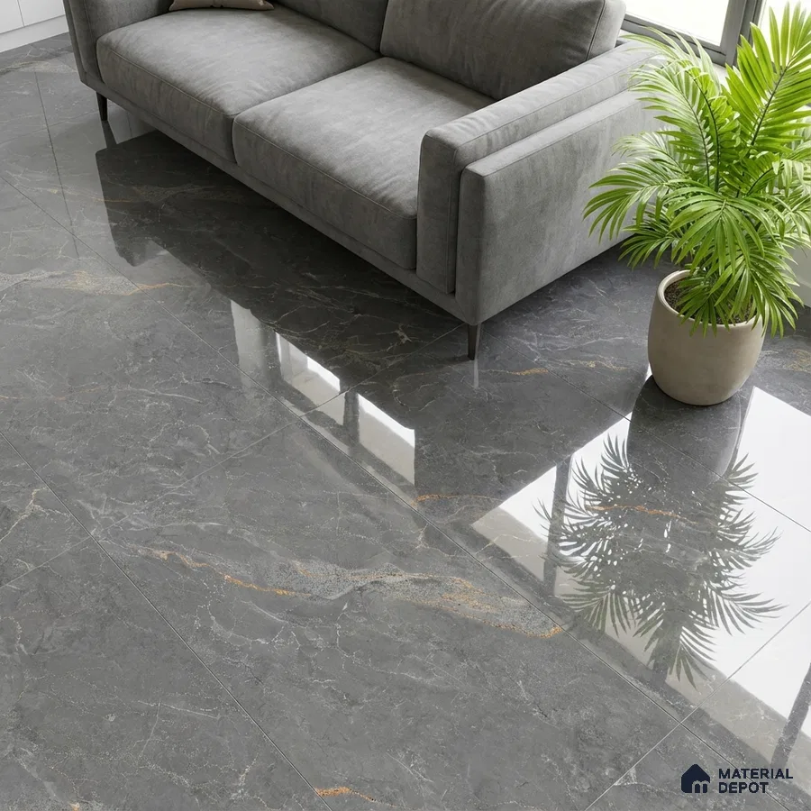 Modern living room with grey marble-look polished floor tiles and grey fabric sofa