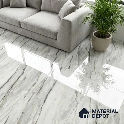 Modern living room with polished marble-look floor tiles and grey suede sofa