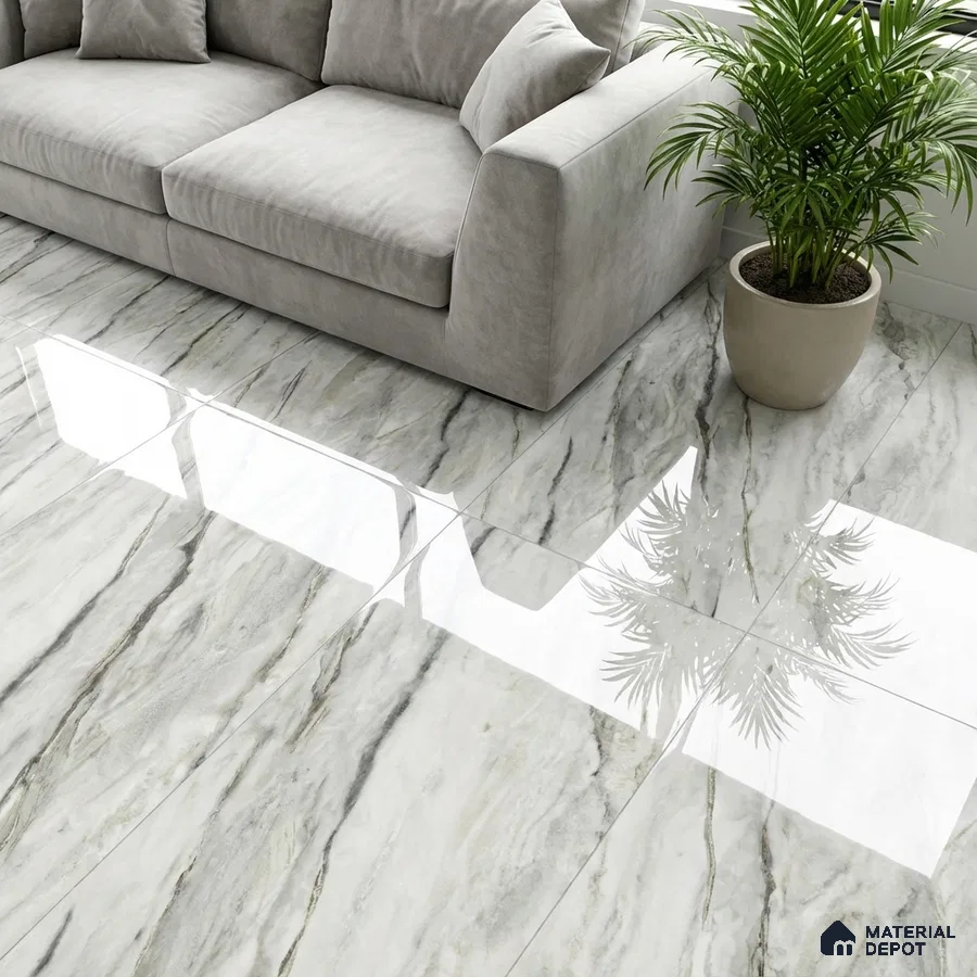 Modern living room with polished marble-look floor tiles and grey suede sofa