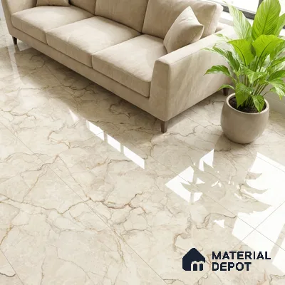 Modern living room with beige marble-look glossy floor tiles and neutral fabric sofa