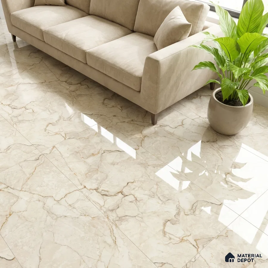 Modern living room with beige marble-look glossy floor tiles and neutral fabric sofa