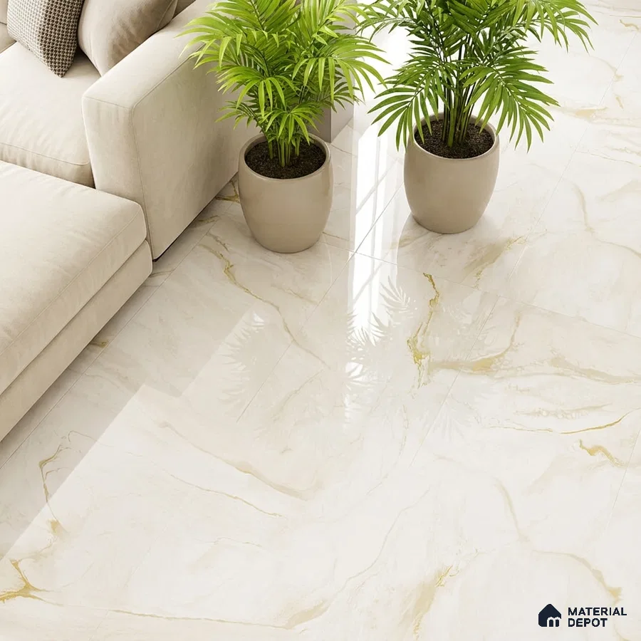 Modern living room with beige sofa and polished white marble-look floor tiles