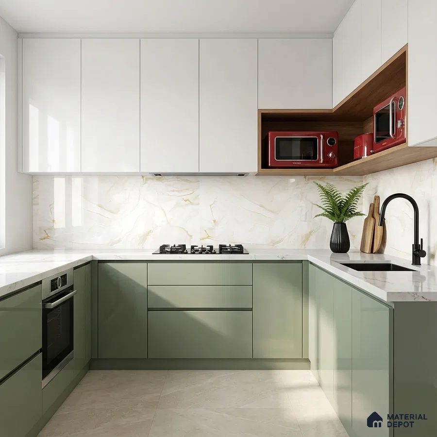 Modern dual tone kitchen with sage green and frosty white laminate, marble-look backsplash, and white quartz countertop