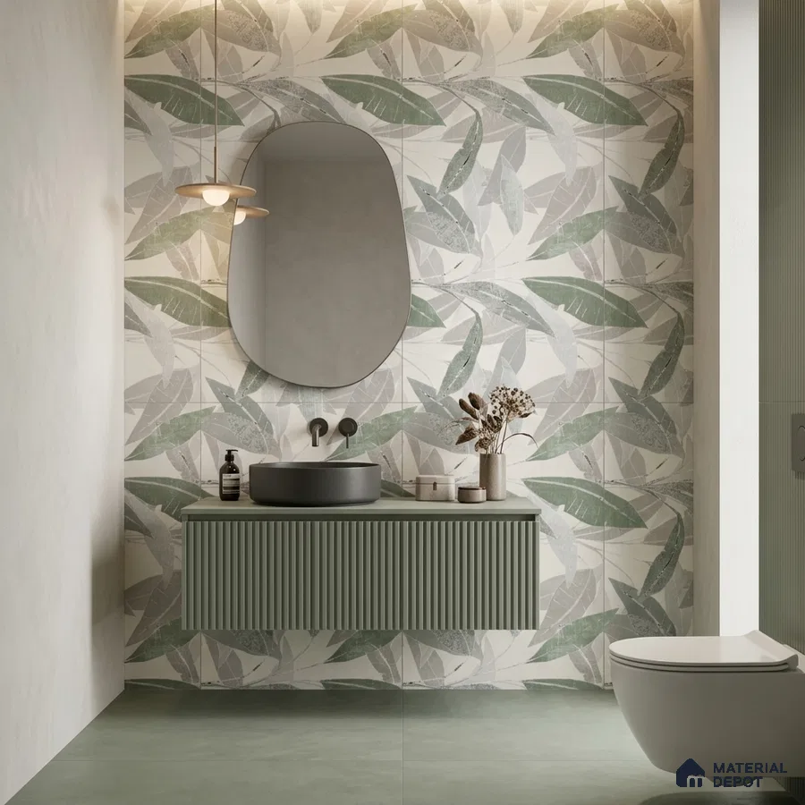 Modern bathroom with sage green fluted vanity, botanical leaf pattern wall tiles, and matte green floor tiles