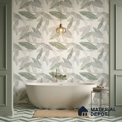 Modern bathroom with tropical leaf pattern wall tiles and green chevron floor tiles