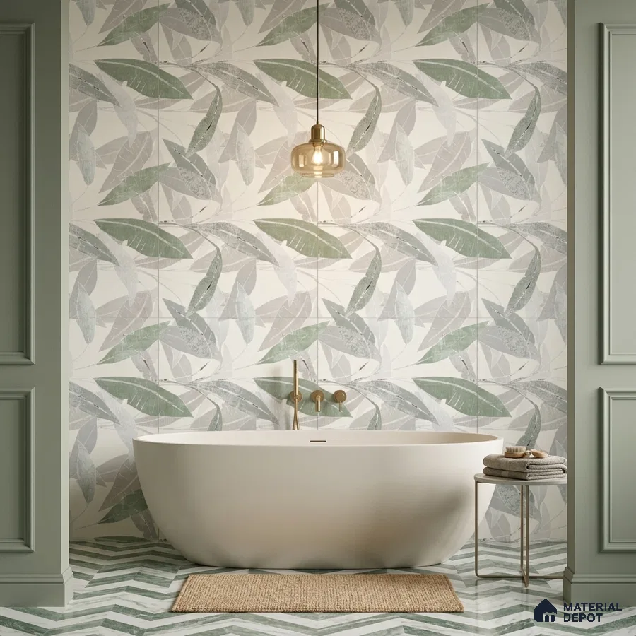 Modern bathroom with tropical leaf pattern wall tiles and green chevron floor tiles