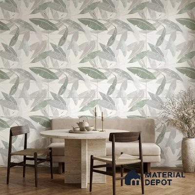 Scandinavian dining room with tropical patterned tile and travertine dining table