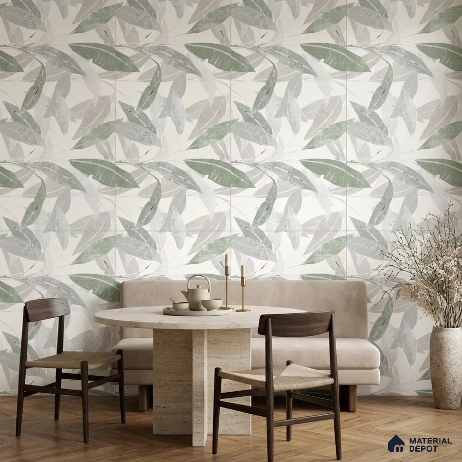 Scandinavian dining room with tropical patterned tile and travertine dining table