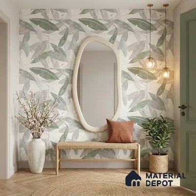 Scandinavian foyer with leaf patterned tile, natural wood bench, and herringbone wooden flooring