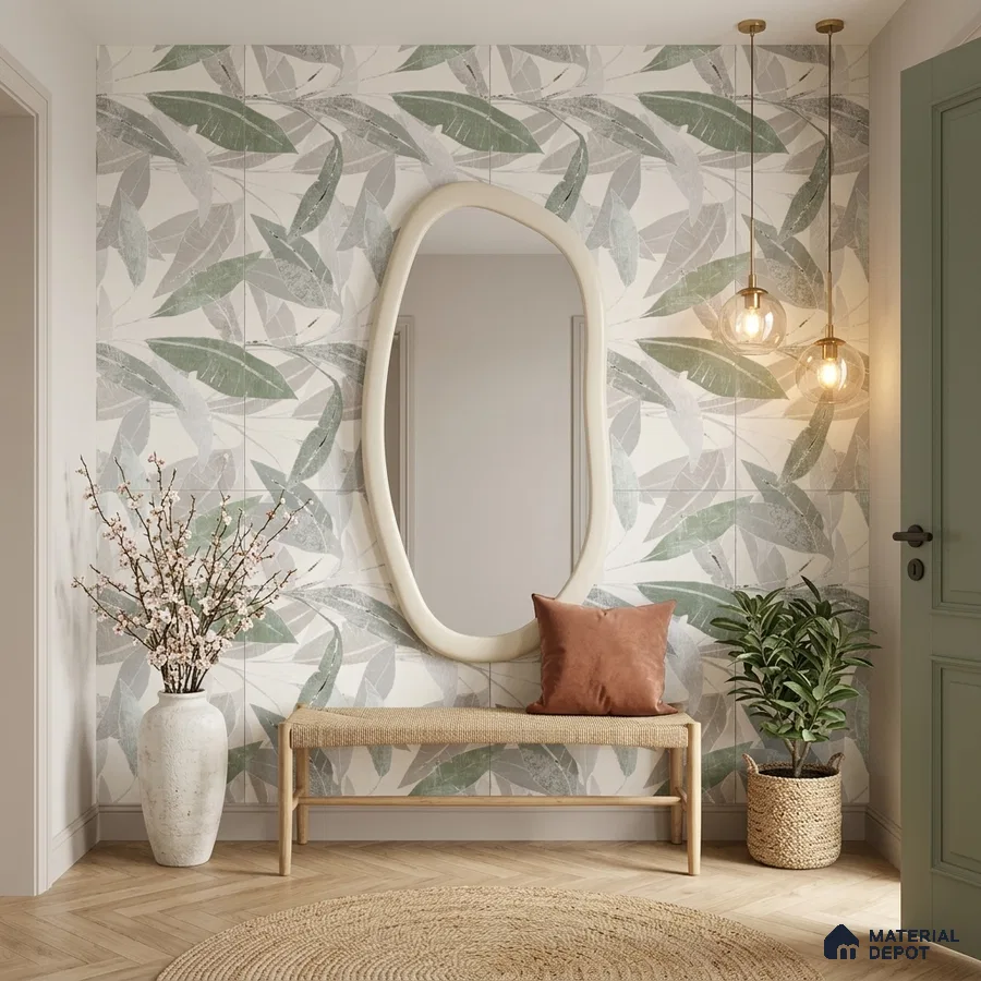 Scandinavian foyer with leaf patterned tile, natural wood bench, and herringbone wooden flooring