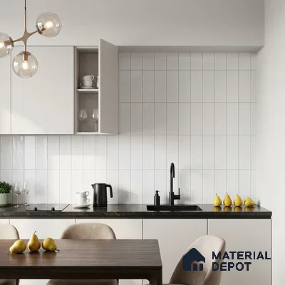Modern Kitchen with White Glossy Stacked Tile Backsplash