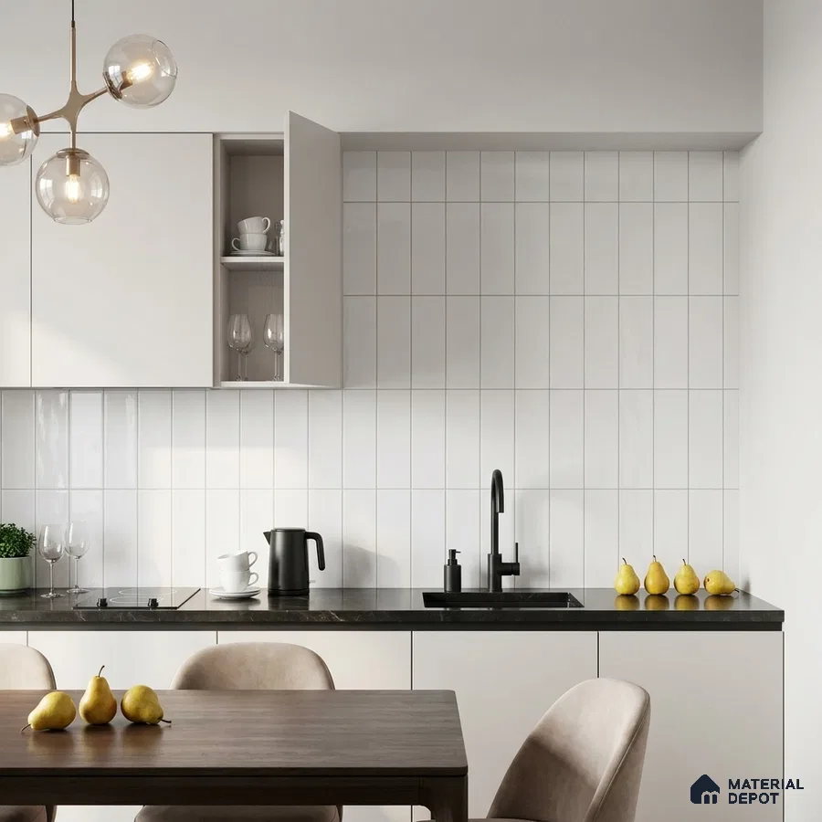 Modern Kitchen with White Glossy Stacked Tile Backsplash