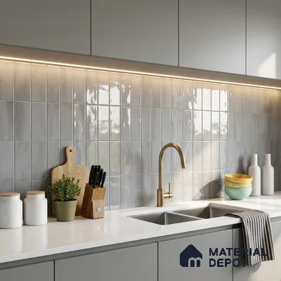 Modern Kitchen with Grey Glossy Stacked Tile Backsplash