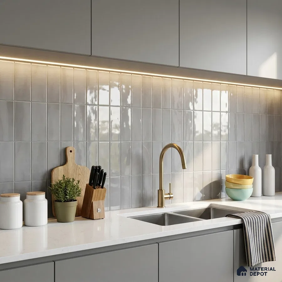 Modern Kitchen with Grey Glossy Stacked Tile Backsplash