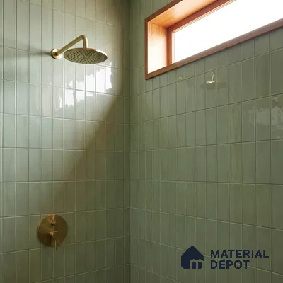 Modern Bathroom with Sage Green Glossy Stacked Tile and Brass Fixtures