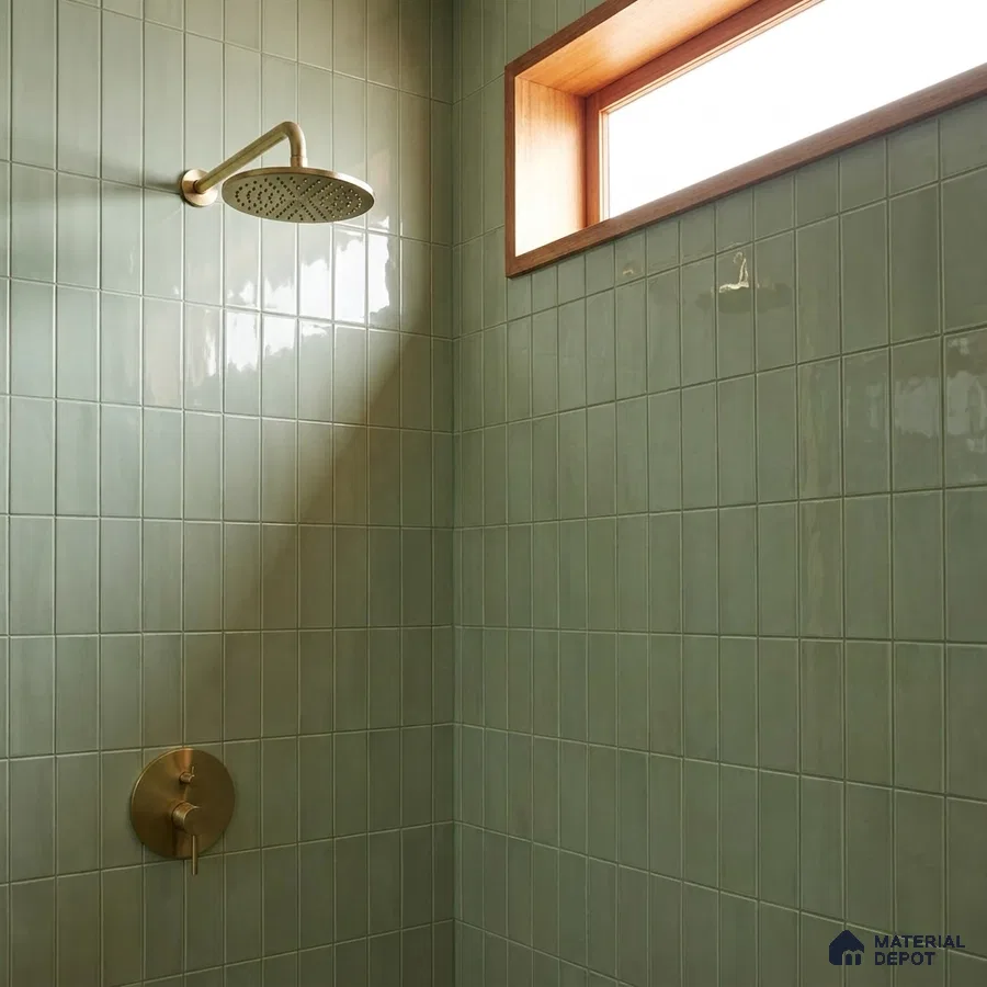 Modern Bathroom with Sage Green Glossy Stacked Tile and Brass Fixtures