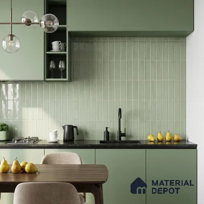 Modern Kitchen with Sage Green Glossy Stacked Tile Backsplash