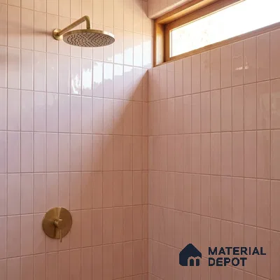 Modern Bathroom with Dusty Rose Pink Glossy Stacked Tile and Brass Fixtures