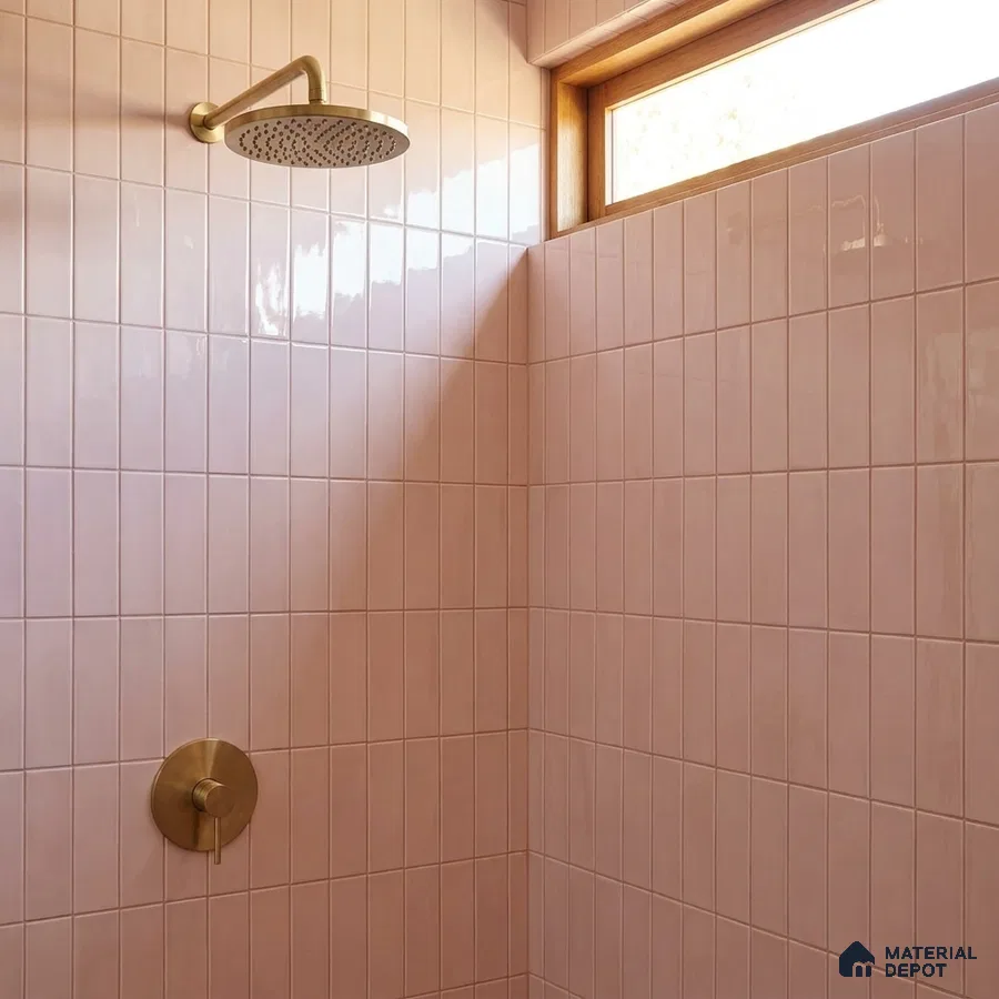 Modern Bathroom with Dusty Rose Pink Glossy Stacked Tile and Brass Fixtures